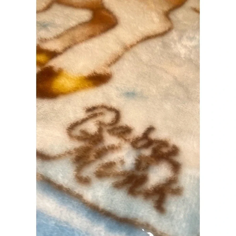 Vtg 80s Baby Mink Unicorn Teddy Bear Blue Plush Crib Blanket Zigzag Trim 43x51